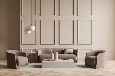 İçinde bir kanepe, koltuk, iki sehpa, kolye ışıkları, klasik duvar kalıpları ve parke zemininde bir halı olan bej bir oturma odası. Modern ev tasarımı kavramı. 3d oluşturma