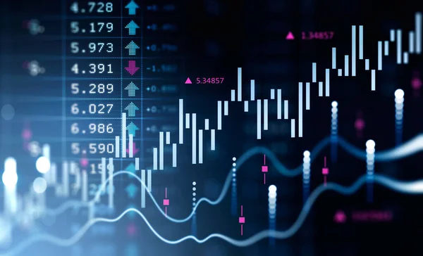 Financial chart and rising graph with lines and numbers that illustrate stock market behaviour. Concept of successful trading. Dark blue background. 3d rendering