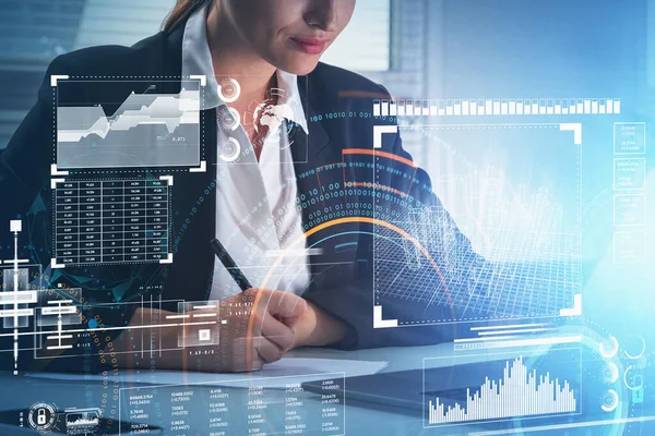 Businesswoman Wearing Formal Suit Taking Notes Looking Laptop Office Workplace — Stock Photo, Image