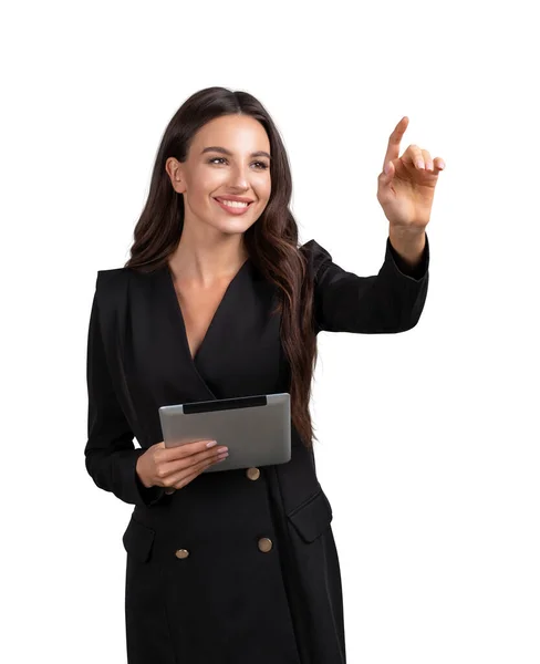 Eine Junge Attraktive Geschäftsfrau Formellen Anzug Steht Hält Tablets Der — Stockfoto