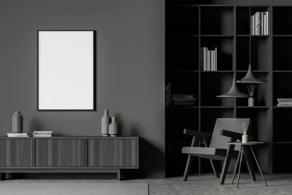 Empty Canvas Dark Grey Living Room Interior Armchair Next Shelving — Stock Photo, Image
