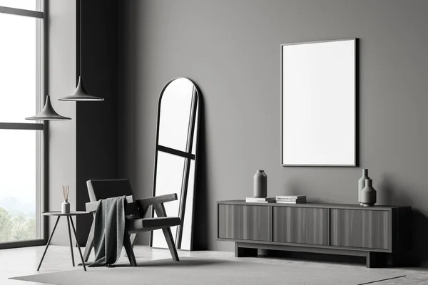 Lienzo Interior Sala Estar Gris Oscuro Con Lámparas Colgantes Sillón — Foto de Stock