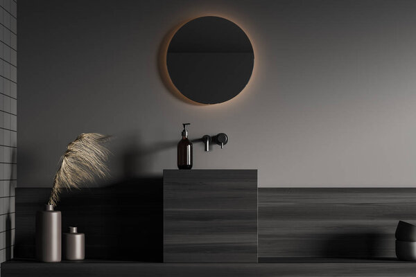 Закрытый вид на темный интерьер ванной комнаты с серой стеной, круглым зеркалом, раковиной, насосом, посудой и вазой. Концепция минималистского дизайна для отдыха. 3d-рендеринг