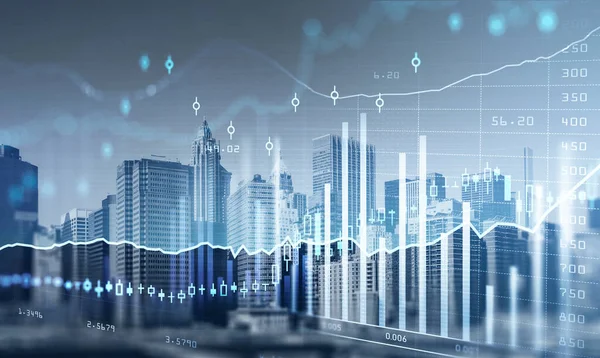 Grattacieli New York Grafico Grafico Aumento Finanziario Forex Con Numeri — Foto Stock