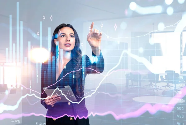 Thoughtful Businesswoman Wearing Formal Suit Touching Screen Her Hand Holding — Stock Photo, Image