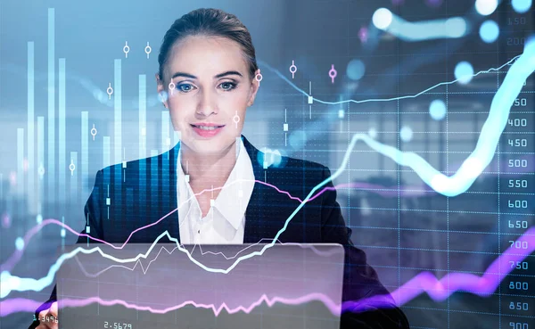 Businesswoman Wearing Formal Suit Typing Message Laptop Blurred Office Workplace — Stock Photo, Image