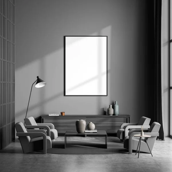 Dark Grey Seating Area Four Armchairs Minimalist Details Sideboard Square — Stock Photo, Image