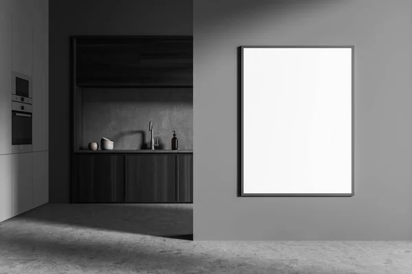 Vista Frontale Accogliente Interno Della Cucina Scura Con Poster Bianco — Foto Stock