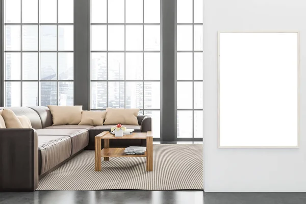 Dark kitchen room interior with empty white poster, concrete floor, comfortable sofa, panoramic window with Singapore city skyscrapers view. Contemporary Scandinavian minimalist design. 3d rendering