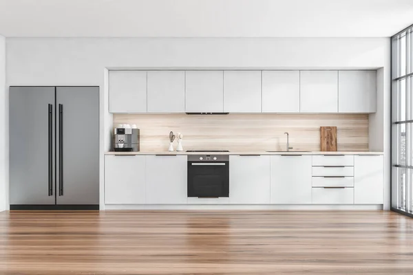 Vorderseite Der Küche Mit Eichenholzboden Weißer Wand Panoramafenster Mit Blick — Stockfoto
