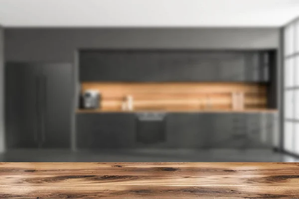 厨房室内前视图 有混凝土地板 黑色墙壁 全景窗 当代斯堪的纳维亚简约主义设计 很好的广告展示 3D渲染 — 图库照片
