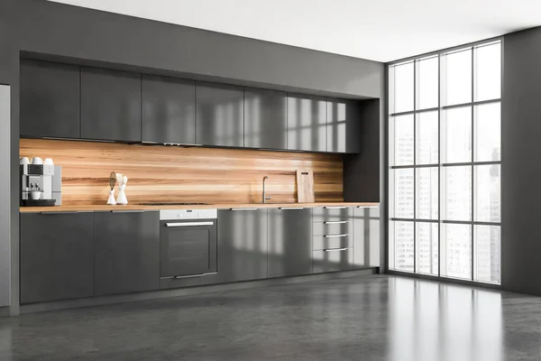 Vista Canto Sala Cozinha Escura Interior Com Piso Concreto Parede — Fotografia de Stock