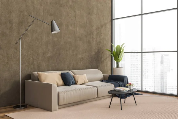 Eckblick Auf Wohnzimmerinnenraum Mit Leerer Wand Couch Panoramafenster Teppich Und — Stockfoto