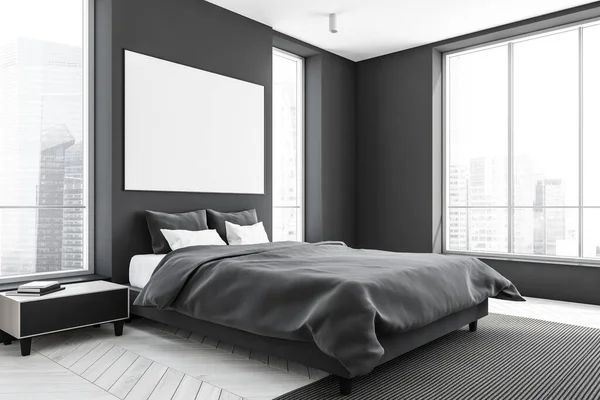 パノラマの窓のある現代的なグレーと白の寝室のインテリアのベッドルームの上の壁に水平方向のキャンバス パケット コーナービュー 現代的なアパートデザインのコンセプト 3Dレンダリング — ストック写真