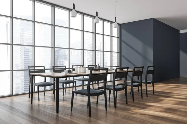 Interior Ruang Makan Dengan Pemandangan Panorama Tiga Lampu Liontin Sebuah — Stok Foto