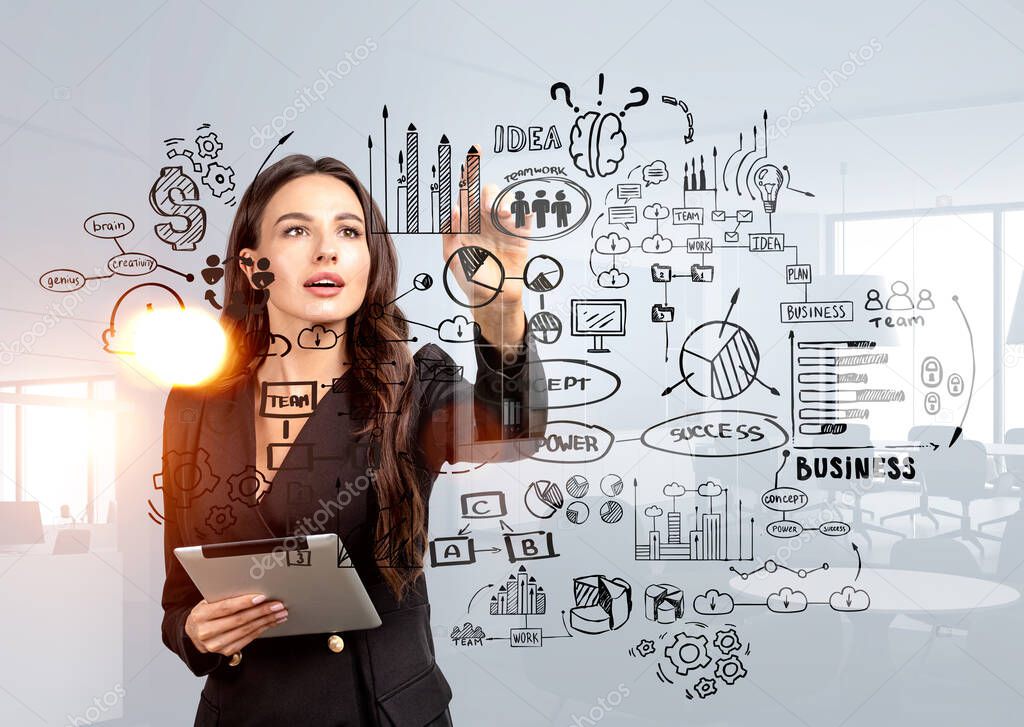 Businesswoman is touching sketch with light bulb, business, plan, teamwork, cloud data, cogwheel, brain, bar and pie diagrams. Office workplace in background. Concept of imagination for creative ideas