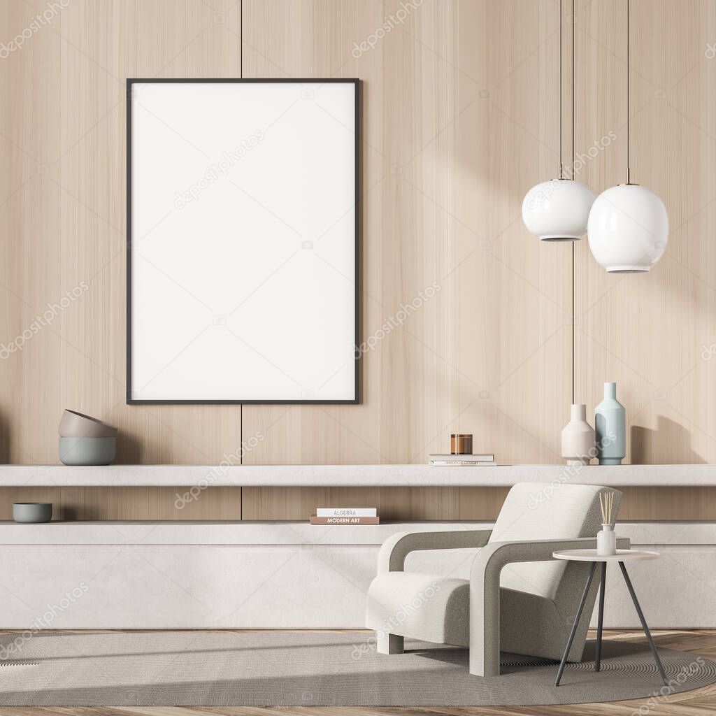 Empty white canvas on the wooden wall of the seating area with a beige armchair, two pendant lamps and a sideboard. Mock up. A concept of modern living room design. 3d rendering