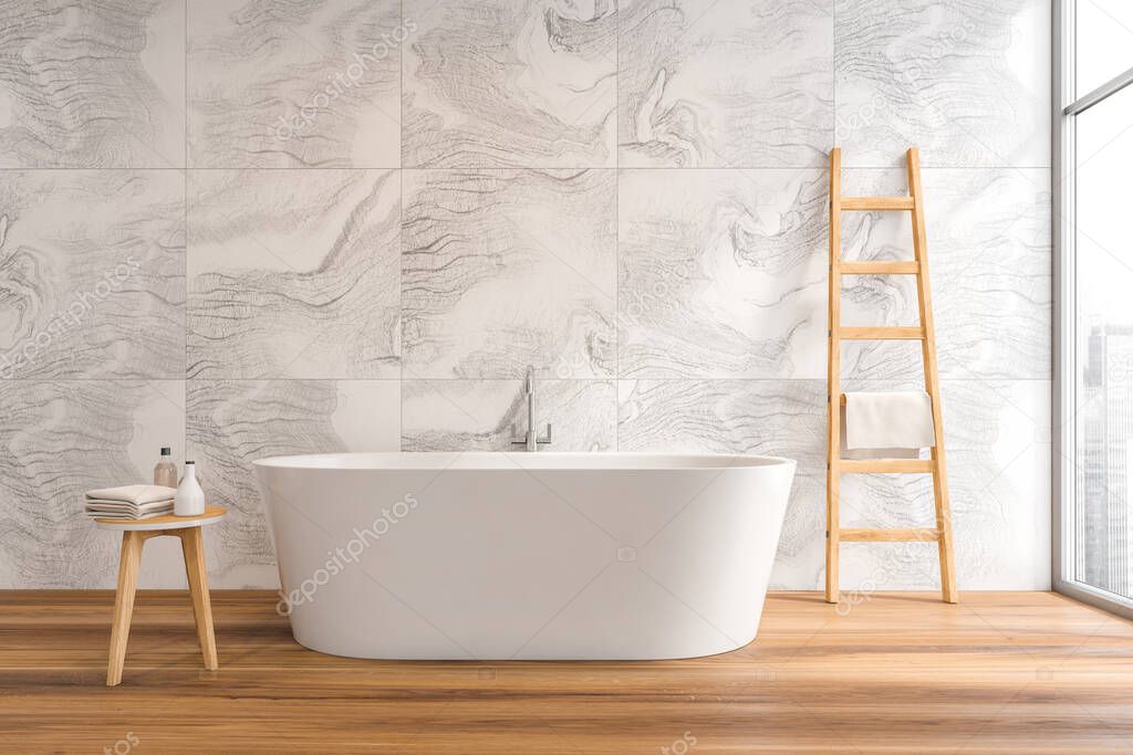 Close view on bright bathroom interior with bathtub, oak wooden floor, panoramic window with Singapore skyscraper view and marble wall. Concept of hygienic and spa procedures for health. 3d rendering