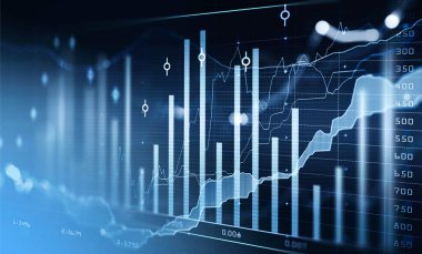 Finansal tablolar ve yükselen grafikler, borsa davranışlarını gösteren çizgiler, sayılar ve bar diyagramları. Başarılı ticaret kavramı. Koyu mavi arka plan. 3d oluşturma