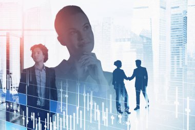 İş dünyasının siluetleri el sıkışarak ve konuşarak birlikte çalışır. Arka planda Singapur gökdelenleri var. Finansal tablo ön planda. Takım çalışması, işbirliği ve iletişim kavramı