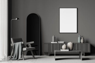 Koyu gri oturma odasındaki boş tuval bir koltuk, bir sehpa, bir büfe, bir ayna, ince bir lamba ve beton döşemeli iç tasarım. Sanat eserin için bir model konsepti. 3d oluşturma