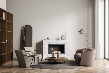 Oturma odasının içinde iki koltuk, şömine, kanepe, sehpa, kitaplık, halı ve meşe ağacından parke zemin var. Minimalist tasarım kavramı. Buluşma için rahat bir yer. 3d oluşturma
