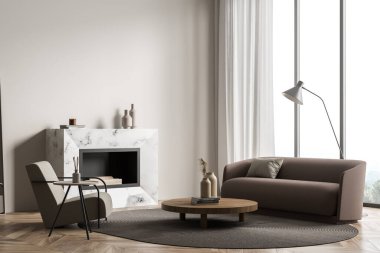 Oturma odası içi boş duvar, koltuk, kanepe, şömine, sehpa, panoramik pencere ve meşe ağacından parke zemin. Minimalist tasarım kavramı. Buluşma için rahat bir yer. 3d oluşturma