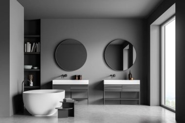 Minimalist gri banyo içi iki gösterişli, ikisi trend yuvarlak aynalar, panoramik bir manzara, oval beyaz bir küvet ve bir raf. Minimalist bir kavram. 3d oluşturma