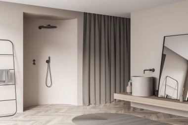 Parlak banyo manzarası duş, ayna, lavabo, havlu, halı, perde ve meşe ağacından parke zemin. Sağlık için hijyenik ve spa prosedürleri kavramı. 3d oluşturma