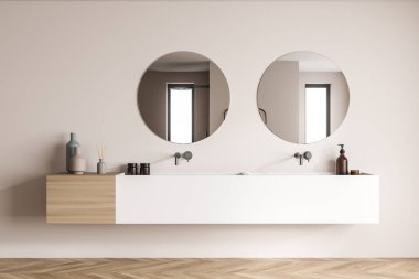 Çifte gösteriş, çift katlı malzemeler, iki tane yuvarlak aynalar ve parke tarzı döşemeli bir duş odasının bej duvarında musluklar. Modern banyo iç tasarımı kavramı. 3d oluşturma