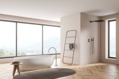 Banyo küveti olan bej panoramik banyonun köşesi. Dar pencereli duş alanı, moda iç mekan detayları ve ahşap döşeme. Modern otel tasarımı kavramı. 3d oluşturma
