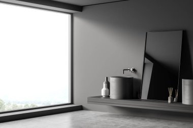 Banyo içi panoramik pencereli, kırsal manzaralı, iki lavabo, ayna, vazo, beton zemin ve musluk. Sağlık için hijyenik ve spa prosedürleri kavramı. 3d oluşturma