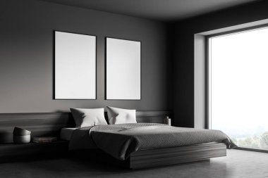 Karanlık yatak odasının iç tarafında iç mekan, iki boş poster kırsal manzaralı panoramik pencere ve ahşap parke zemin. Rahatlamak için minimalist tasarım kavramı. Model yap. 3d oluşturma