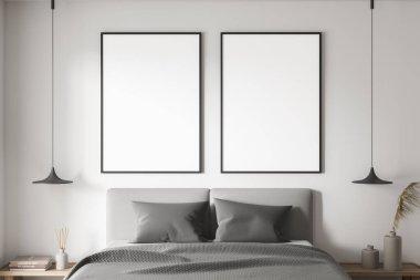 Beyaz yatak odasının iç tarafında iki boş yatak örtüsü, çarşaflı ve ahşap komodinli gri bir yatak başlığı. Modern ev tasarımı kavramı. Model yap. 3d oluşturma