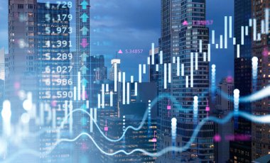 New York City gökdeleni şehir merkezi panoramik manzarası. Ön planda grafik ve çizgilerin olduğu bir mali tablo. Megapolis borsasında ticaret kavramı