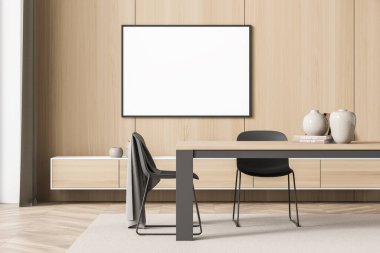Minimalist oturma odasının duvarında yatay bir tuval ve iki siyah sandalyeli bir masa. İçi parke zeminli. Modern yaşam alanı kavramı. Model yap. 3d oluşturma