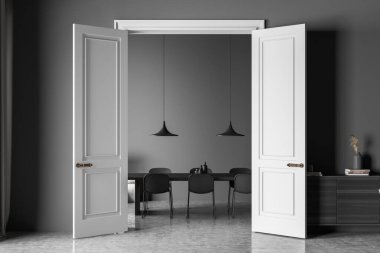 İçinde altı sandalye, yemek masası, kapı, büfe, perde ve beton zemin olan karanlık bir oturma odası. Soğukluk ve rahatlama için minimalist tasarım kavramı. 3d oluşturma