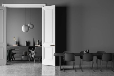 İçinde üç koltuk, altı sandalye, yemek masası, halı, kapı, sehpa, büfe ve beton zemin olan karanlık bir oturma odası. Soğukluk ve rahatlama için minimalist tasarım kavramı. 3d oluşturma