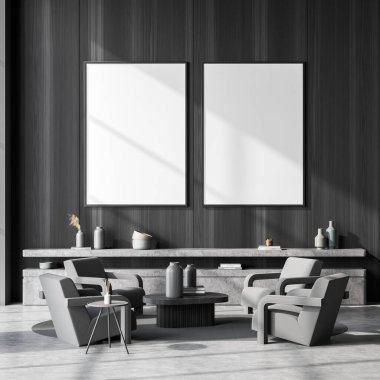 Oturma odasının iç tarafında, koltukları, sehpaları ve rafı olan bir büfesi olan iki adet ahşap tuval. Beton zemin. Koyu gri tasarım, modern trend kavramını kullanıyor. 3d oluşturma