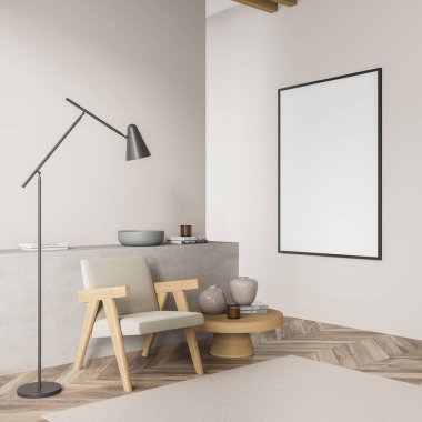 Bej oturma odasının köşesinde iç tarafta bir tuval ve çıkıntılı bir pencere var. Modern tasarım, bir koltuk, bir sehpa, bir lamba ve bir parke zemin kullanarak. Model yap. Minimalist bir kavram. 3d oluşturma