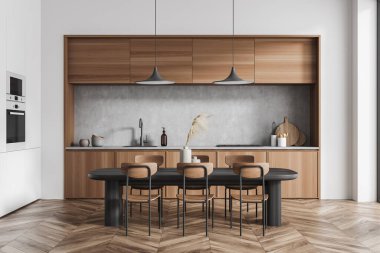 Mutfak odası, yemek masası, altı sandalye, ahşap parke döşeme, elektrikli fırın ve soba. Çağdaş minimalist tasarım. Yemek yapmak için mükemmel bir yer. 3d oluşturma