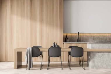 Şık, sadeleştirilmiş mutfak masası, siyah sandalyeler, su sıçraması, hafif ahşap ve mermer malzemelerle dolu boşluklar. Minimalist tasarım kavramı. 3d oluşturma