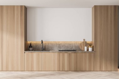 Ahşap mutfak, şık dolaplar ve orijinal niş tasarımı, atölyeli mermer kaplama ve boş beyaz duvar detaylarıyla. İç mekan trendi konsepti. 3d oluşturma