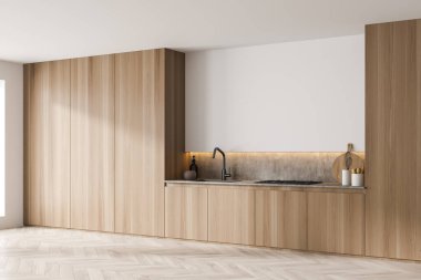 Modern ahşap mutfak, şık dolaplar ve orijinal niş tasarımı mermer kaplama ve boş beyaz duvar detaylarıyla. Köşe manzarası. İç mekan trendi konsepti. 3d oluşturma