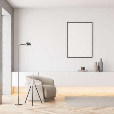 Parlak oturma odası içi beyaz boş poster, koltuk, halı ve meşe ağacından parke zemin. Soğukluk ve rahatlama için minimalist tasarım kavramı. Model yap. 3d oluşturma