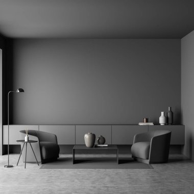 İçinde gri boş duvar, iki koltuk, sehpa, büfe ve beton zemin olan karanlık bir oturma odası. Soğukluk ve rahatlama için minimalist tasarım kavramı. 3d oluşturma