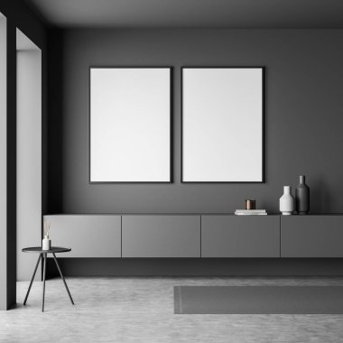 İki beyaz afişi, kahve masası, halı ve beton zemini olan karanlık bir galeri odası. Soğukluk ve rahatlama için minimalist tasarım kavramı. Model yap. 3d oluşturma