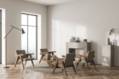 Bej oturma odasının köşesinde dört koltuk, yuvarlak detaylar, minimalist bir lamba ve sehpası olan bir şömine var. Parke zemin. Modern ev tasarımı kavramı. 3d oluşturma