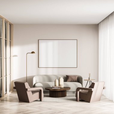 Parlak oturma odası içi beyaz boş poster, panoramik pencere, kanepe, iki koltuk ve meşe ağacından parke zemin. Soğukluk ve rahatlama için minimalist tasarım kavramı. Model yap. 3d oluşturma