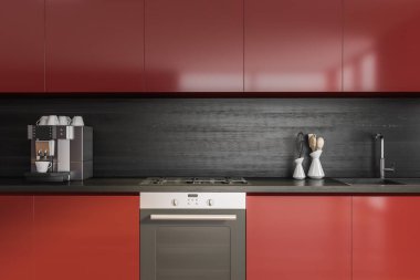 Kırmızı sıcacık mutfak odasının içini elektrikli fırın, kahve makinesi ve çanak çömlekle yakından görebiliyoruz. Çağdaş İskandinav minimalist tasarımı. Yaratıcı fikir için boş alan. 3d oluşturma